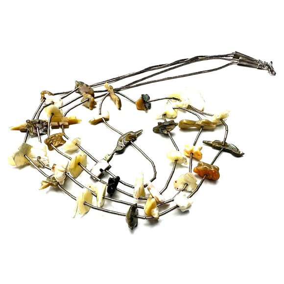 Zuni Two-Strand Multi-Fetish Necklace Eagle Pendant — MOP, Abalone & Coral — EUC - Picture 3 of 11